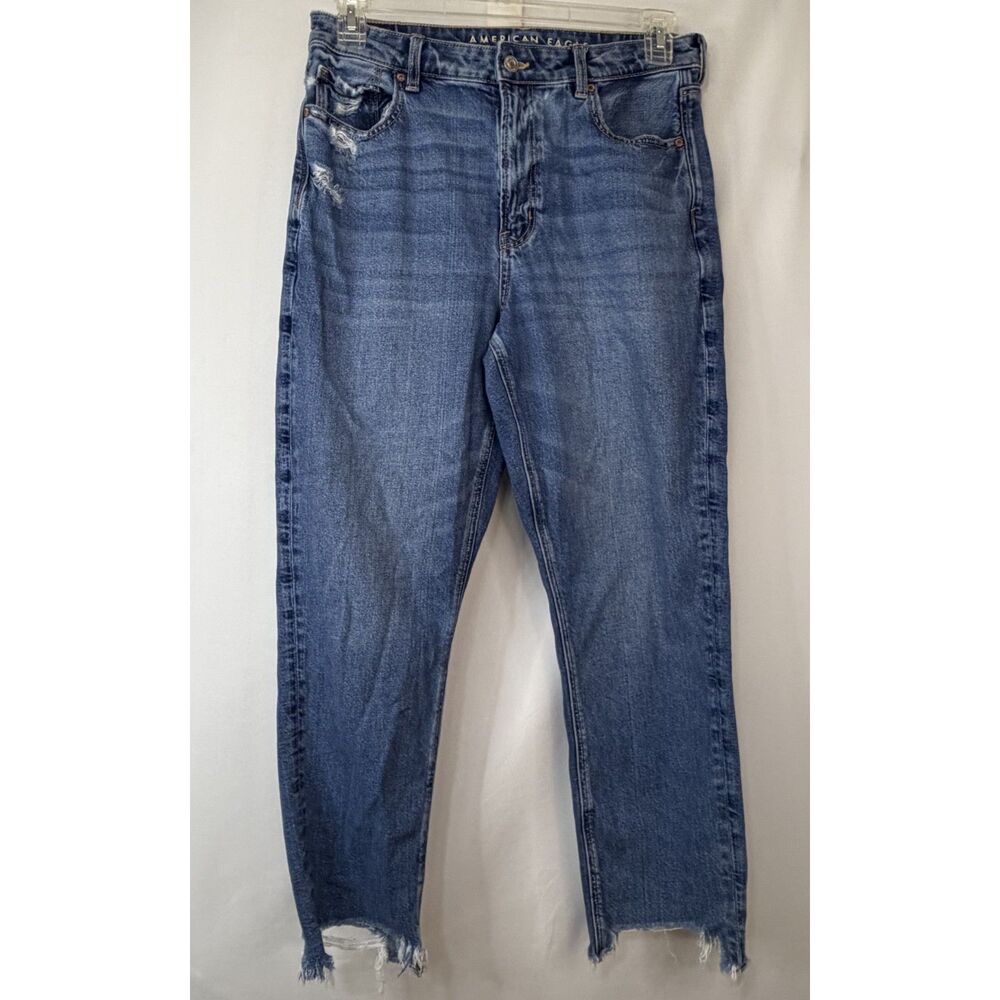 American Eagle Size 12  Distressed Raw Frayed Hem Strigid Blue Denim Jeans
